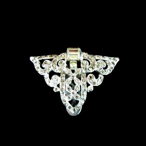 Vintage dress clip clear rhinestone filigree Art Nouveau Art Deco Revival - Picture 3 of 6